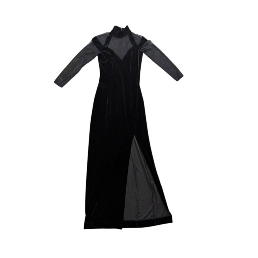 Vintage Tadashi Velvet Mesh Cut out Slit Maxi Dress XS